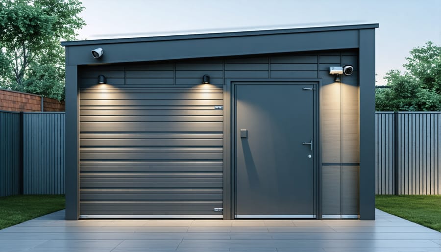 Smart storage shed exterior with automated LED lighting and security cameras