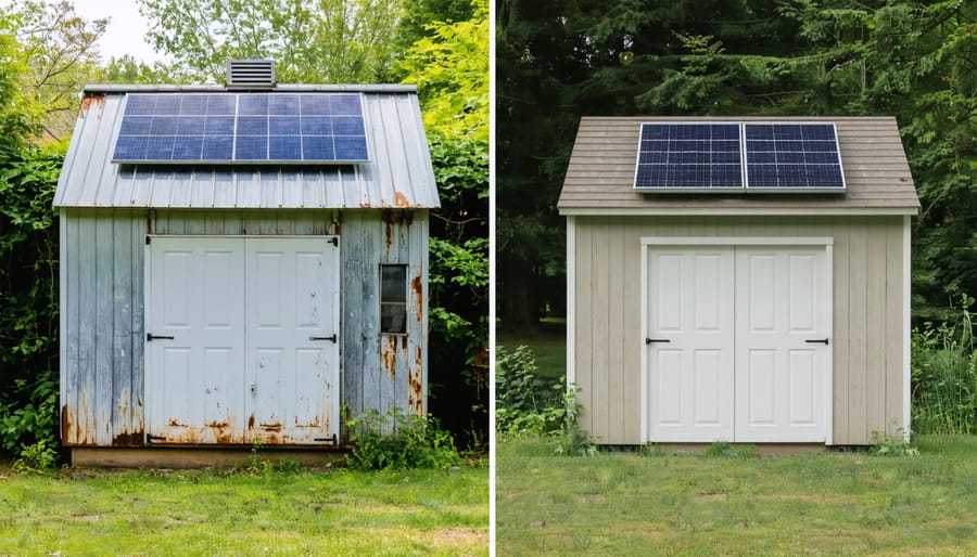 A split-screen image showing a deteriorated shed on the left and a well-maintained smart shed with advanced technology on the right, highlighting the benefits of automation in shed maintenance.