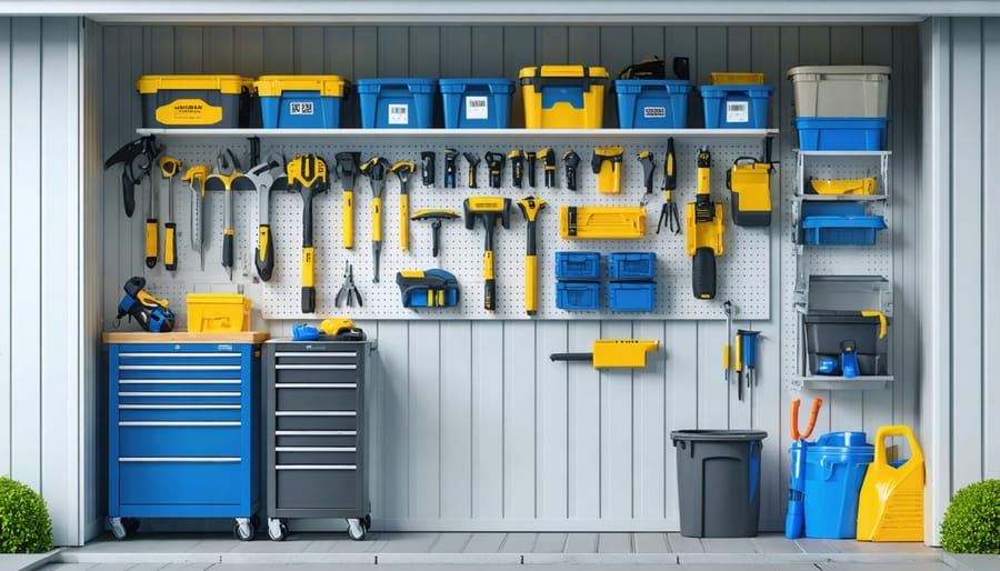 A modern shed interior showcasing a pegboard wall with neatly arranged tools, modular shelving units, and smart storage containers. The scene highlights effective storage solutions, creating an inviting and organized workspace.