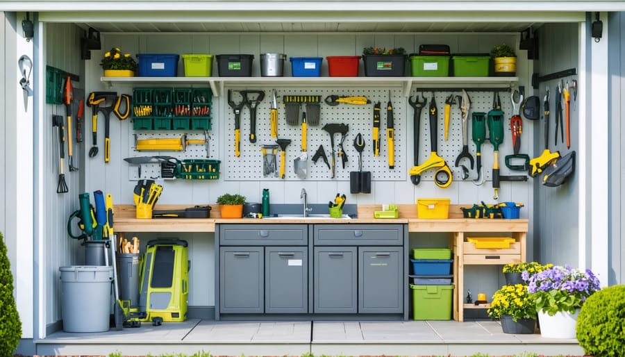 A well-organized shed interior featuring floor-to-ceiling shelving, labeled bins, and pegboards with various tools, showcasing efficient usage of space.