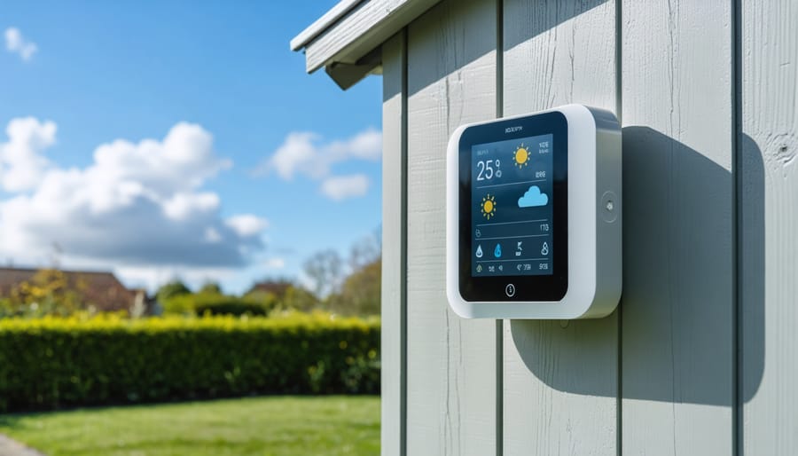 A smart weather station with various sensors installed on a wooden garden shed, demonstrating temperature, wind, and rain monitoring, set against a partly cloudy sky and lush garden.