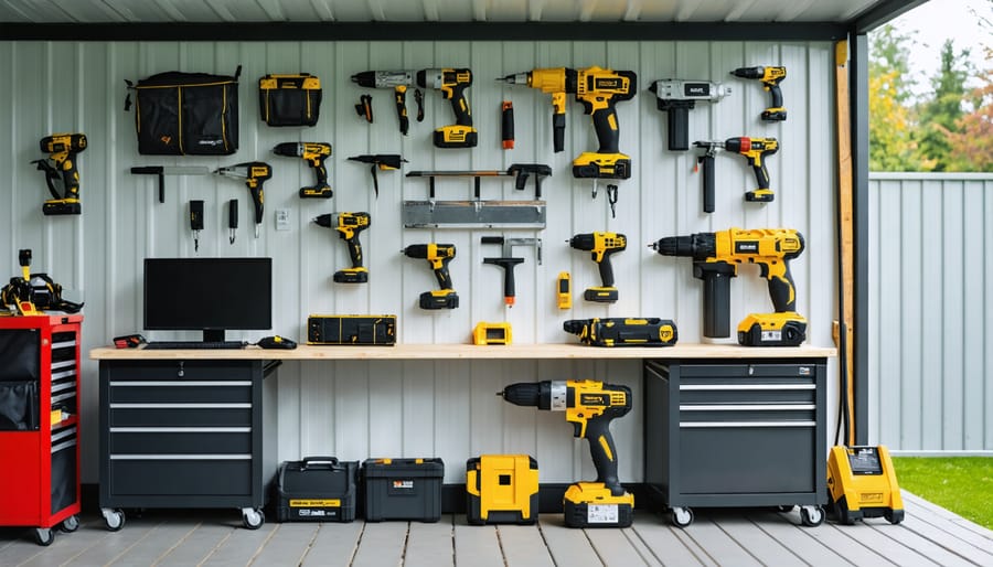 Organized shed workspace with smart outlets powering tools and automated lighting