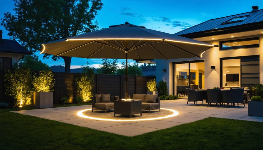 Illuminated smart patio umbrella with integrated LED lights and control panel