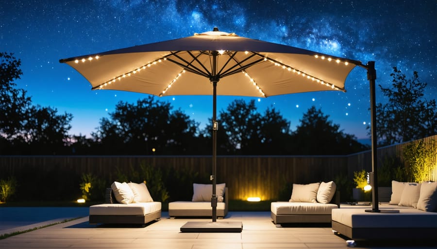 Illuminated smart outdoor umbrella with LED lights in a modern patio setting, featuring a control panel for automated operation, symbolizing high-tech backyard transformation.