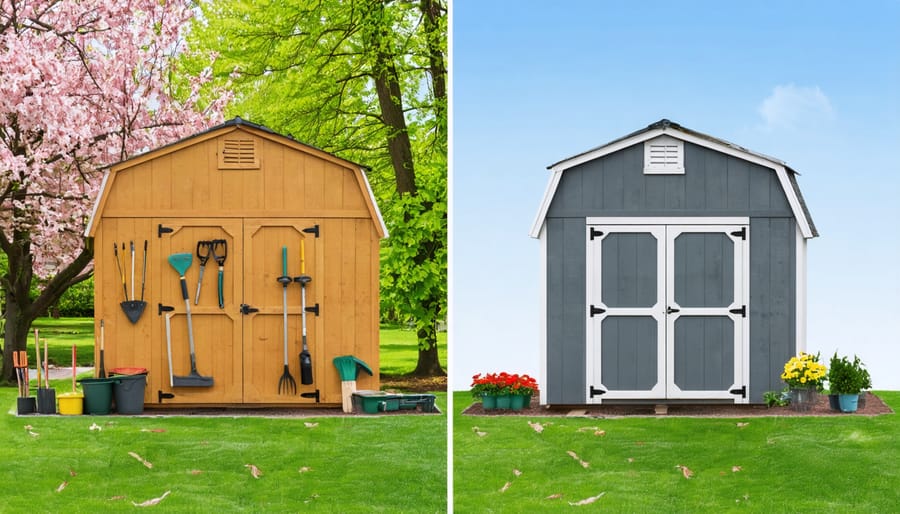 Before and after comparison of spring shed maintenance showing organized tools and repairs