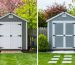 Split-view comparison image depicting a vibrant, well-maintained shed with organized garden tools and fresh paint standing in stark contrast to a neglected shed showing winter damage and disorganization in a garden setting.