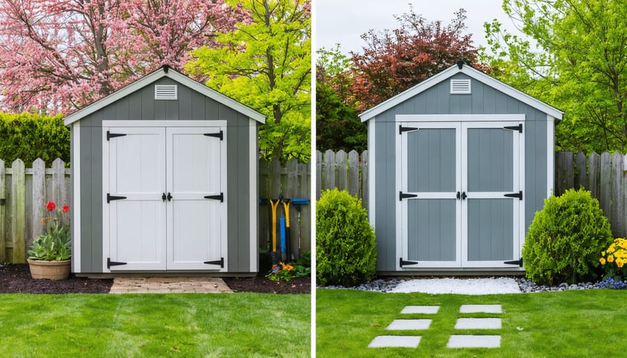 Split-view comparison image depicting a vibrant, well-maintained shed with organized garden tools and fresh paint standing in stark contrast to a neglected shed showing winter damage and disorganization in a garden setting.