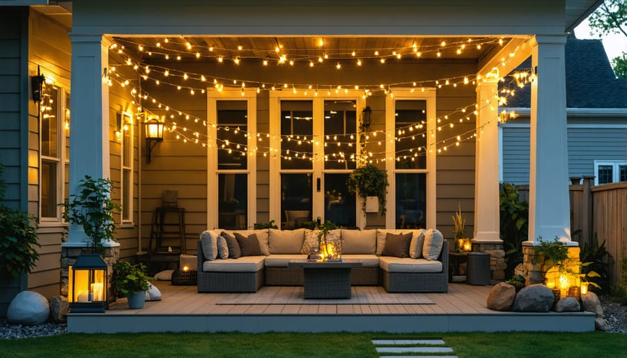 String lights creating a magical atmosphere in a backyard setting at dusk