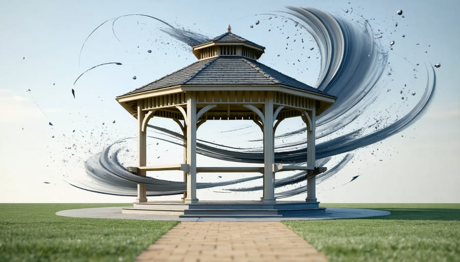 Conceptual illustration of a gazebo with reinforced structures such as anchor systems and support bracing with arrows showing wind forces and protection strategies.