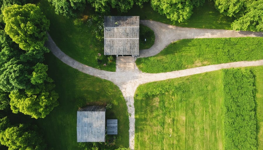 Overhead view of a garden shed with neat landscaping and clear access paths