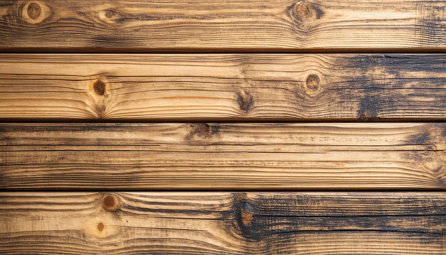 Four stages of wood shed surface preparation including cleaning, sanding, priming, and repair