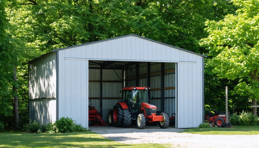 A three-sided shed with an open front, displaying a tractor and various equipment stored inside, set amidst a green outdoor environment, illustrating its accessibility and protective functions.