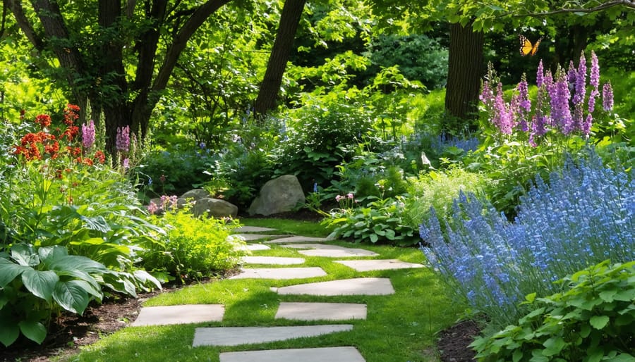 A thriving native garden featuring diverse local plants, with butterflies and birds adding life and motion to the scene, illustrating the ecological balance and beauty of native landscaping.