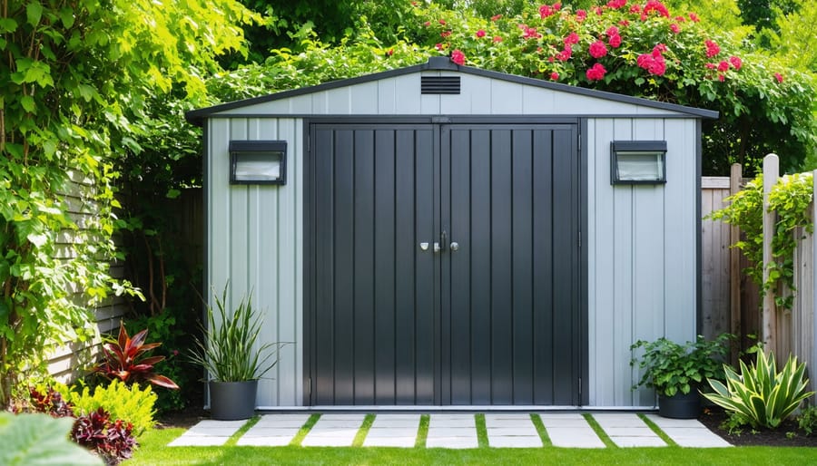 A strikingly upgraded metal shed featuring a modern two-tone paint scheme, elegant trim accents, and decorative elements like shutters and window boxes, all surrounded by lush, flowering plants and soft garden lighting in a serene backyard.
