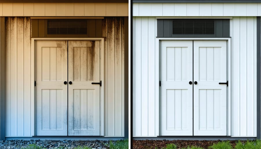 Side-by-side comparison of a rusty, moldy shed interior versus a clean, dry ventilated shed interior