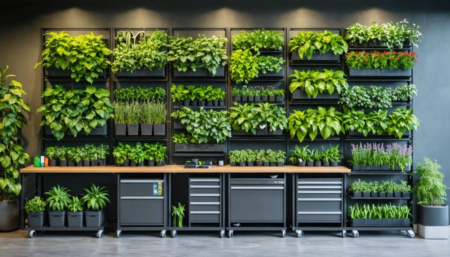 Wall-mounted vertical storage system featuring gardening tools and collapsible work surface