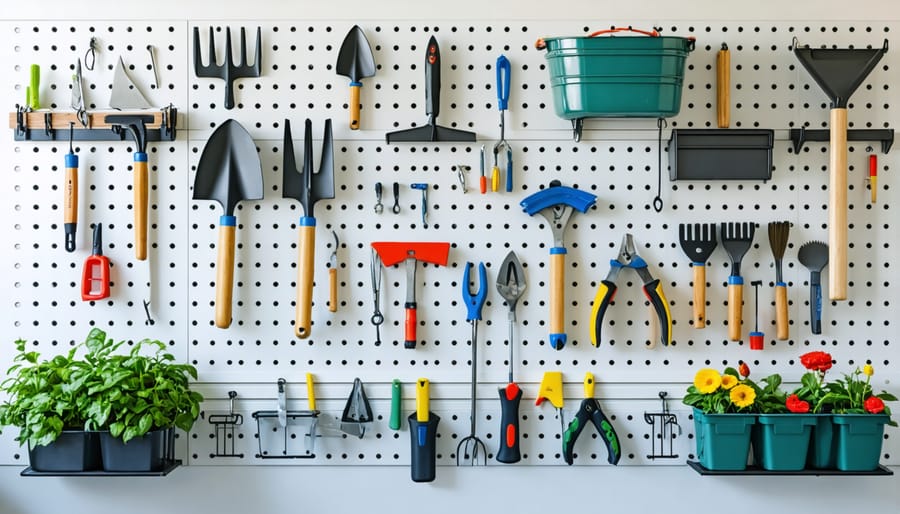 Garden tools organized on a wall-mounted pegboard system with labeled sections