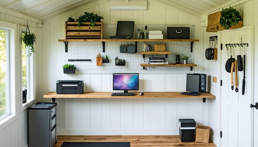 Modern 8x8 shed office interior with efficient vertical storage solutions and workspace