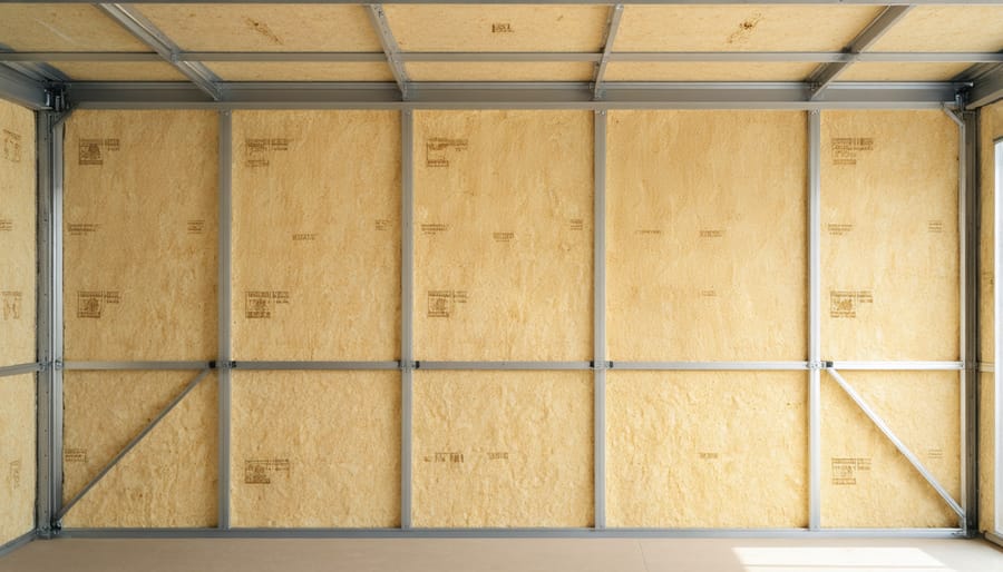 Installation process of sound insulation showing wall preparation, material placement, and finishing steps