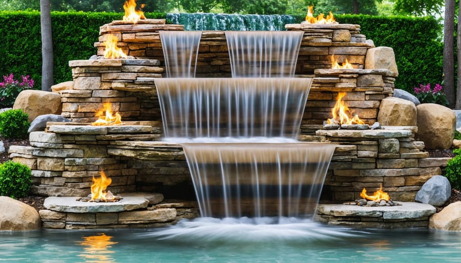 Natural stone waterfall with multiple levels featuring flames emerging from copper sconces