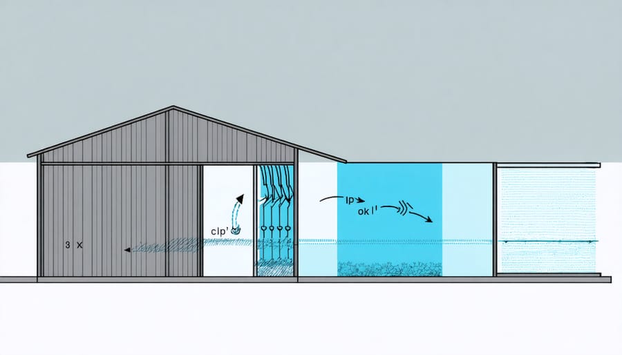 Cross-section illustration of a shed showing winter ventilation airflow patterns and moisture control systems
