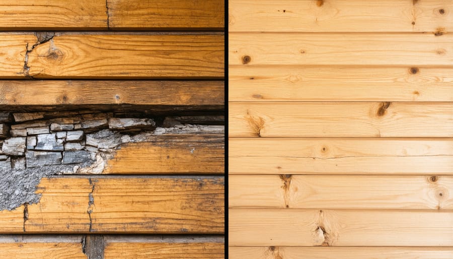 Side-by-side comparison of rotted untreated wood shed floor versus well-maintained coated floor