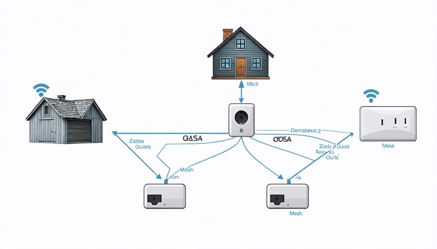 Network diagram illustrating Zigbee mesh connectivity between smart outlets and hub