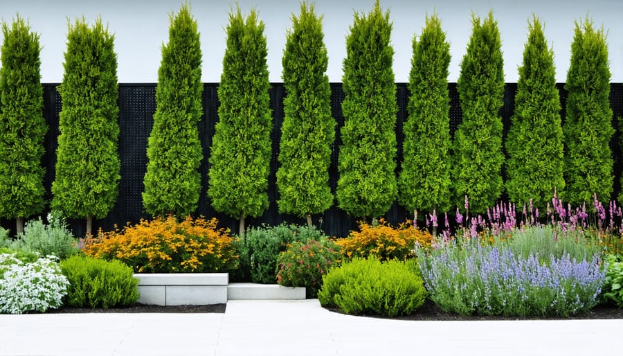 Landscaped garden with evergreen windbreaks protecting garden beds and seating areas