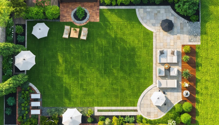 Bird's eye view of a residential backyard with clearly defined functional zones including patio, garden, and play area