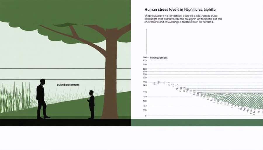 Infographic showing reduced stress levels in biophilic spaces compared to conventional spaces