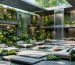 A modern outdoor living space showcasing biophilic design elements, featuring a vibrant living wall, a tranquil water fountain, natural stone pathways, and ample natural light filtered through pergolas, creating a serene and harmonious atmosphere.