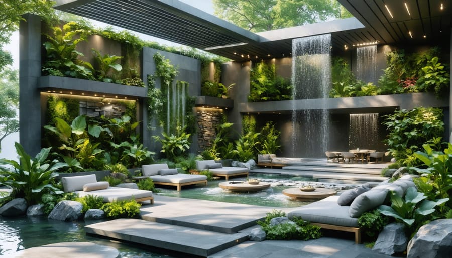 A modern outdoor living space showcasing biophilic design elements, featuring a vibrant living wall, a tranquil water fountain, natural stone pathways, and ample natural light filtered through pergolas, creating a serene and harmonious atmosphere.