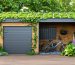 Outdoor storage shed with a green roof adorned with native plants, surrounded by climbing vines and integrated into a lush garden setting, showcasing the harmony of biophilic design.