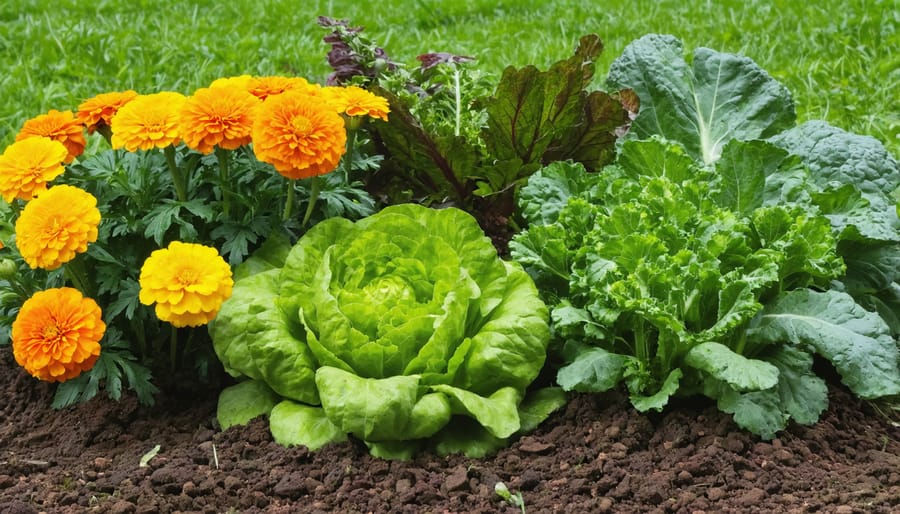 Companion planting arrangement with marigolds protecting vegetable plants