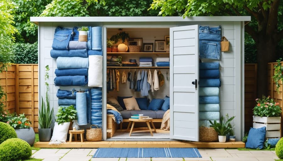 A shed in a backyard transformed into a warm workspace using recycled and natural insulation materials, with layers of denim, bubble wrap, and straw visible in the walls.