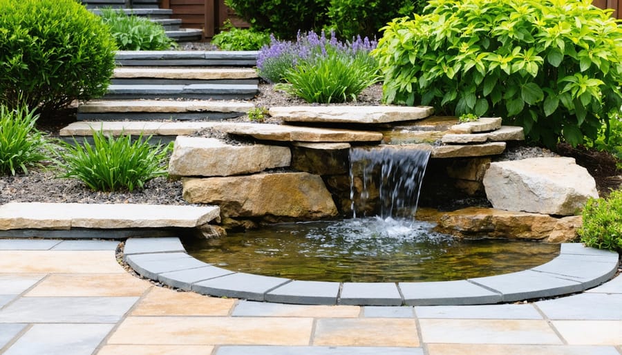 Sequential images demonstrating how to build a natural stone water feature for a backyard
