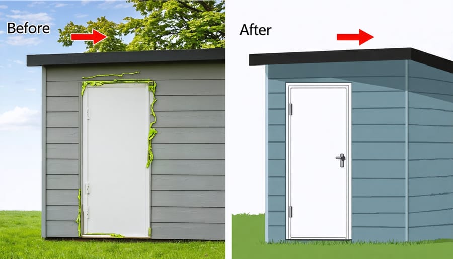 Comparison of unsealed and properly sealed shed door showing weatherproofing techniques