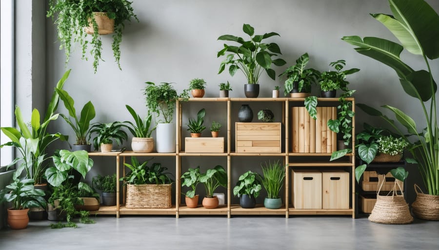Stylish and sustainable storage containers made from bamboo, recycled plastic, and natural fibers in a well-organized, eco-conscious home setting, surrounded by lush greenery.