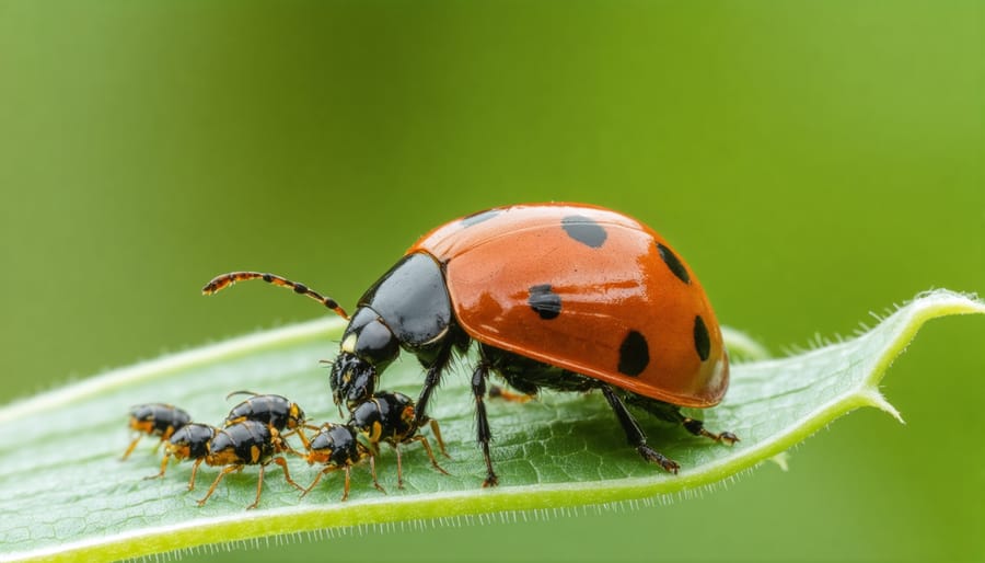 Ladybug actively feeding on garden aphids, demonstrating natural pest control