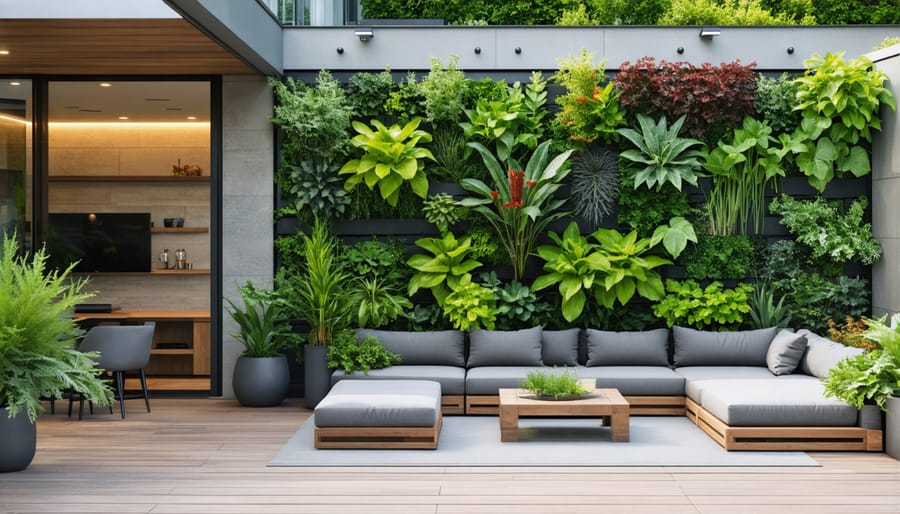 Luxury patio space with floor-to-ceiling living wall featuring ferns, flowering plants, and built-in seating