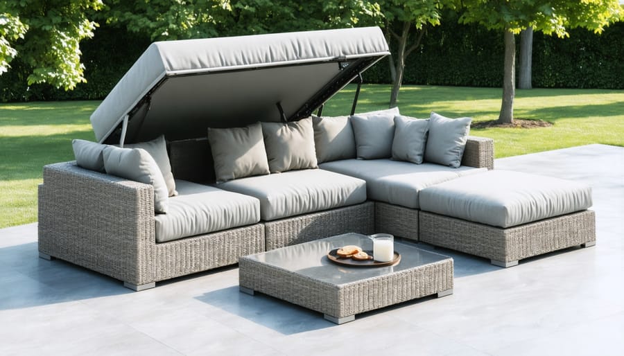 Demonstration of built-in storage compartment in outdoor sectional sofa