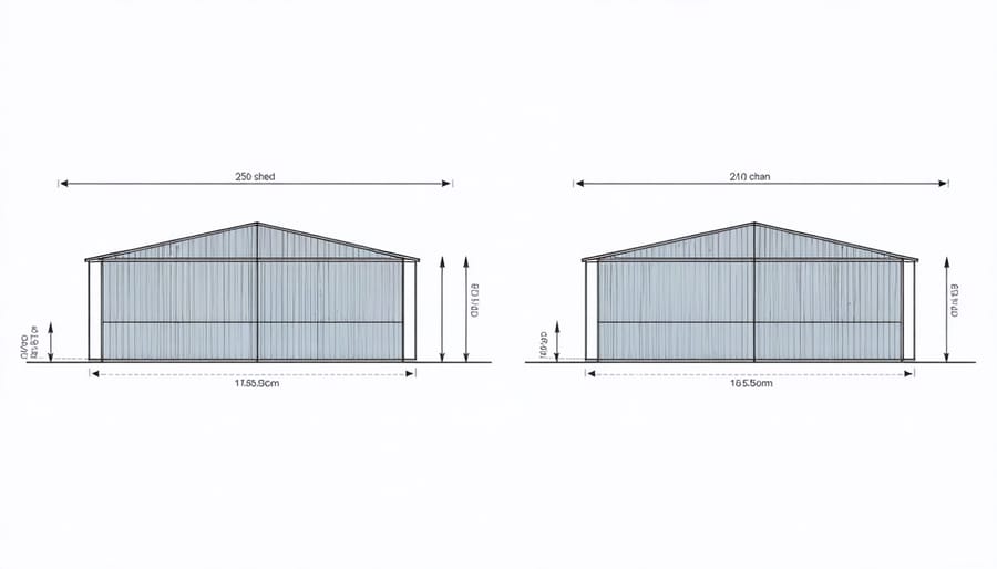 Architectural diagram illustrating proper spacing and alignment between two sheds