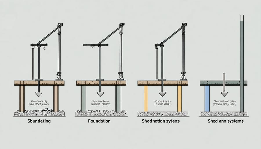 Cross-sectional illustration of different shed foundation and anchoring methods including concrete base, ground anchors, and tie-downs
