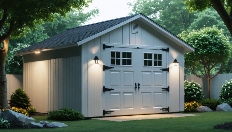 Garden shed at dusk showing motion-activated lights and thorny bushes as security measures