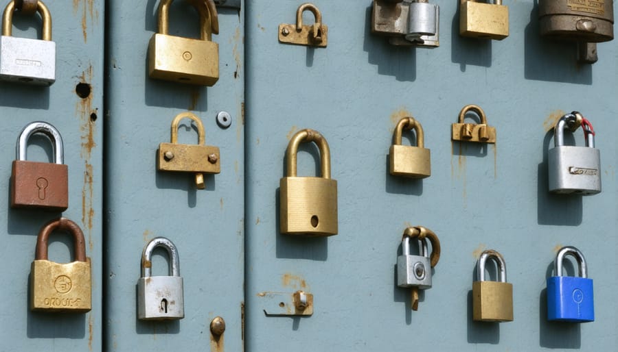 Different types of security padlocks and hasps properly installed on a wooden shed door