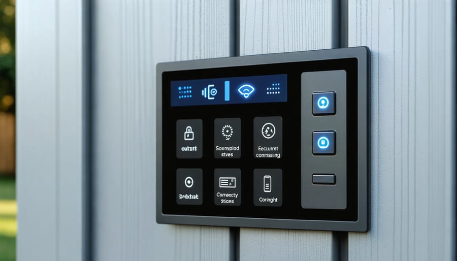Smartphone displaying smart hub interface for controlling connected shed systems