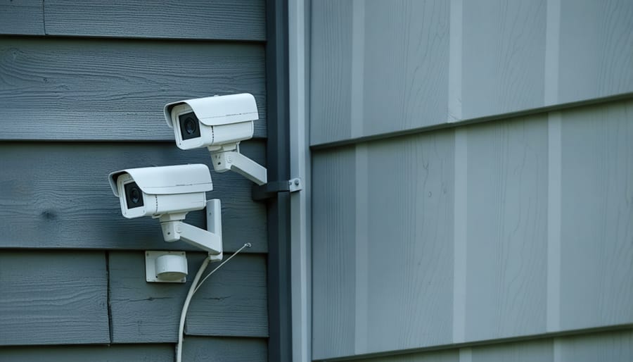 Security camera and motion detector installed at the corner of a garden shed