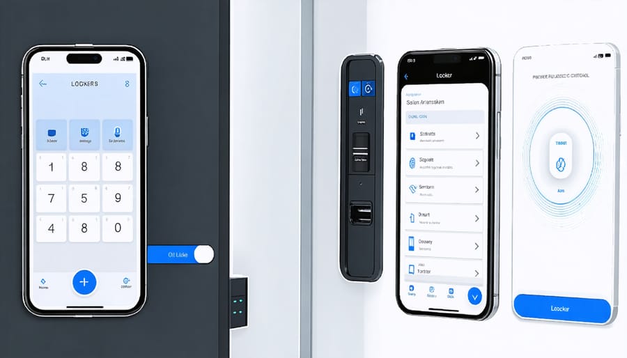 Mobile app interface showing smart locker controls and home automation settings
