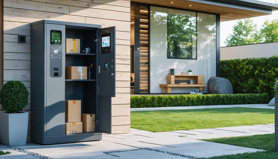 Smart outdoor locker system in a modern backyard with open compartments, digital touchscreen, and security camera, illustrating secure and weatherproof package storage.