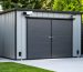 Outdoor storage shed equipped with smart technology including security cameras, motion-activated lighting, and a smart lock.